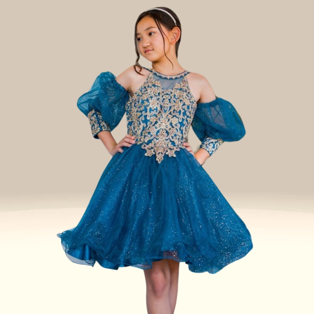 Peacock gold lace glitter tulle party dress
